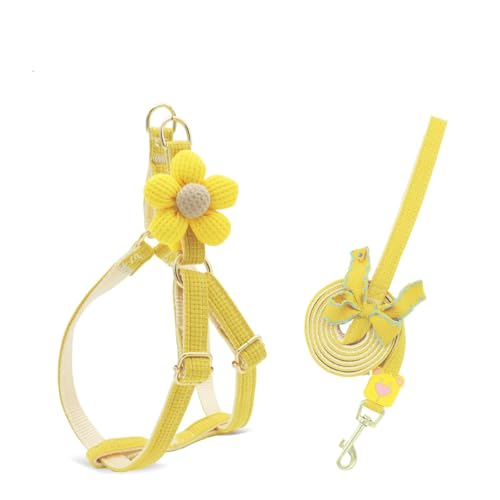 Haustiergeschirr mit Leine, 3D-Blumendekor, verstellbare Schnalle, kein Ziehen, ausbruchsicher, für kleine Hunde Halsband Kaninchen Geschir Elastischer Gehgeschirr für Kleintiere (gelb,S) von AQCQDQ