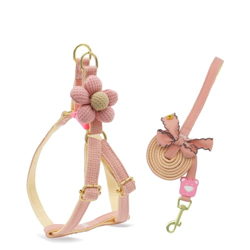 Haustiergeschirr mit Leine, 3D-Blumendekor, verstellbare Schnalle, kein Ziehen, ausbruchsicher, für kleine Hunde Halsband Kaninchen Geschir Elastischer Gehgeschirr für Kleintiere (rosa,M) von AQCQDQ