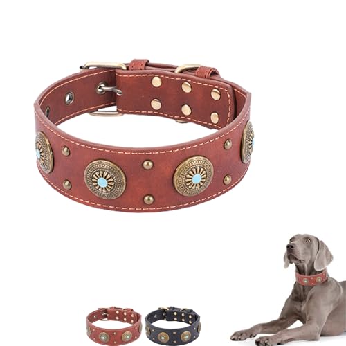 Hundehalsband Leder Breit, Lederhalsband Hund, Einstellbar Hunde Halsbänder mit Metallschnalle, Hundehalsband Vintage Leder Hundeleine für Kleine Mittlere Große Hunde (L,Braun) von AQCQDQ