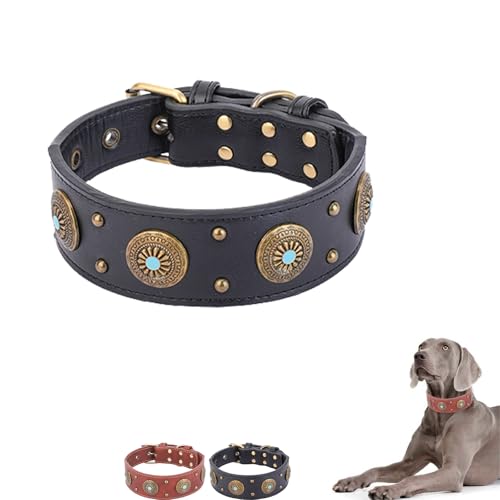Hundehalsband Leder Breit, Lederhalsband Hund, Einstellbar Hunde Halsbänder mit Metallschnalle, Hundehalsband Vintage Leder Hundeleine für Kleine Mittlere Große Hunde (L,Schwarz) von AQCQDQ