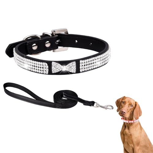Hundehalsband mit Leine, Hundehalsband mit Strasssteinen Leder, Lederhalsband Hund, Funkelnd Hundehalsbänder mit Strass Katzenhalsband für Mädchen, Prinzessin, Haustiere (L,Schwarz) von AQCQDQ