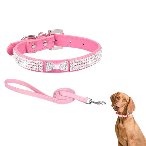 Hundehalsband mit Leine, Hundehalsband mit Strasssteinen Leder, Lederhalsband Hund, Funkelnd Hundehalsbänder mit Strass Katzenhalsband für Mädchen, Prinzessin, Haustiere (S,Rosa) von AQCQDQ