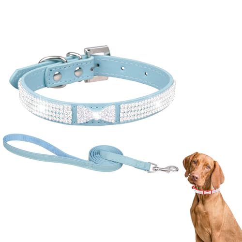 Hundehalsband mit Leine, Hundehalsband mit Strasssteinen Leder, Lederhalsband Hund, Funkelnd Hundehalsbänder mit Strass Katzenhalsband für Mädchen, Prinzessin, Haustiere (XS,Blau) von AQCQDQ
