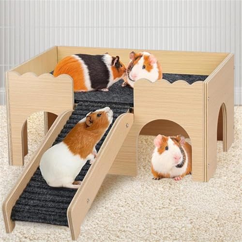 Meerschweinchen Haus, DIY Holz Hamster Kauspielzeug, Nagerhaus Häuser, Haustiere Spielzeug Zubehoer, Meerschweinchen Haus mit Rampe Kaninchenhaus für Kleine Haustiere (Spitze) von AQCQDQ
