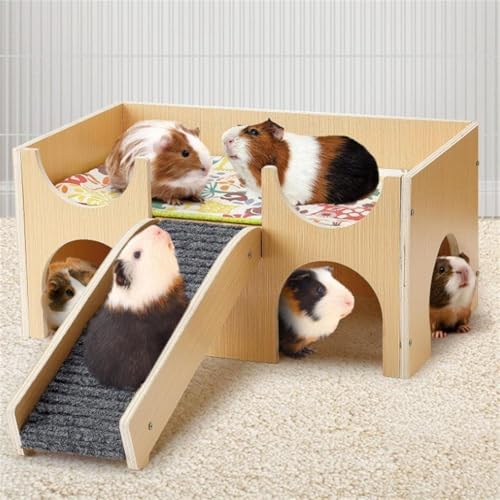 Meerschweinchen Haus, DIY Holz Hamster Kauspielzeug, Nagerhaus Häuser, Haustiere Spielzeug Zubehoer, Meerschweinchen Haus mit Rampe Kaninchenhaus für Kleine Haustiere (U-förmig) von AQCQDQ