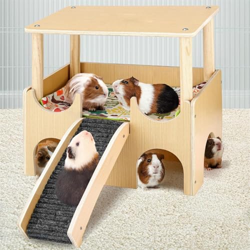 Meerschweinchen Versteck Aus Holz, Holzhaus mit Rampe, Groß Meerschweinchen Haus mit Rampe 4 Eingänge, Versteck für Zwerg Hamster Stachelmäuse Kaninchen (1pcs) von AQCQDQ