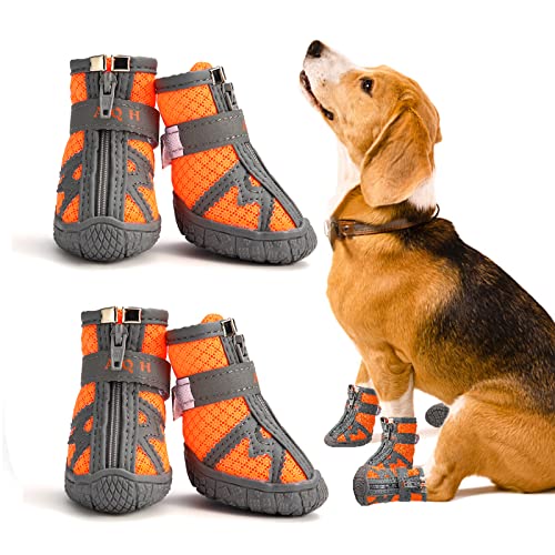 AQH 4Pcs Hundeschuhe, Aktualisiert Pfotenschutz für Hunde mit Anti-Rutsch Sohle, Atmungsaktiv Hundestiefel mit reflektierenden Riemen für Hunde (Orange, Breite Größe 4: 4,1-4,4 cm) von AQH