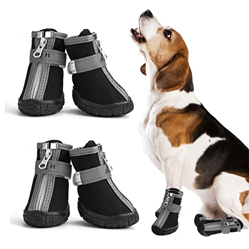 AQH 4Pcs Hundeschuhe, Aktualisiert Pfotenschutz für Hunde mit Anti-Rutsch Sohle, wasserdichte Hundestiefel mit reflektierenden Riemen für Hunde, Schwarz (1#) von AQH