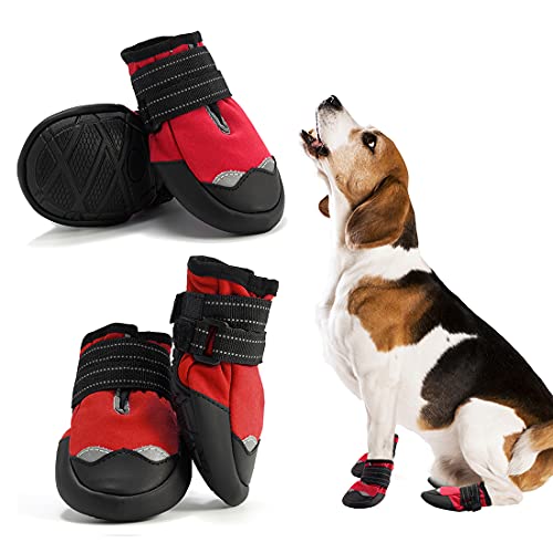 4Pcs Hundeschuhe, Pfotenschutz für Hunde mit reflektierenden Riemen, wasserdichte Hundestiefel mit weicher Sohle für Hunde (1#, Rot) von AQH