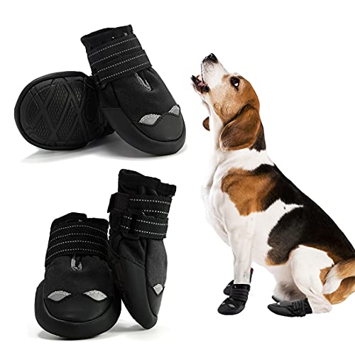 AQH 4Pcs Hundeschuhe, Pfotenschutz für Hunde mit reflektierenden Riemen, wasserdichte Hundestiefel mit weicher Sohle für Hunde (5#, Schwarz) von AQH