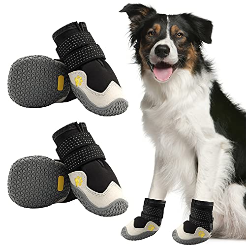 AQH Hundeschuhe, 4 Stück Atmungsaktive Stiefel für Hunde mit reflektierenden Riemen, Mikrofaser Leder Gummi Rhombische Sohle Hundepfotenschutz (B, 3#) von AQH