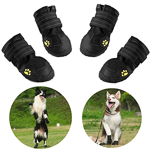 Hundeschuhe, 4 Stück wasserdichte Hundestiefel Pfotenschutz, mit reflektierenden Riemen, robuste rutschfeste Sohle (2#, Schwarz) von AQH