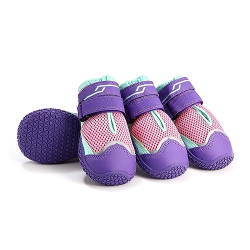 Hundeschuhe Pfotenschutz, 4 Stück Breathable Hundeschuhe mit reflektierenden Riemen, robuste rutschfeste Sohle, Splashproof, Sport im Freien (#1, Lila) von AQH