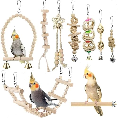 Vogel-Papageien-Spielzeug, 9 Stück, Vogelkäfig-Zubehör, Spielzeug, Barsch, Leiter, Kauspielzeug, Hängematte für Sittiche, Liebesvögel, Finken und andere kleine Haustiere Vogel-Papageien-Spielzeug, 9 Stück, Vogelkäfig-Zubehör, Spielzeug, Barsch, Leiter, Kauspielzeug, Hängematte für Sittiche, Liebesvögel, Finken und andere kleine Haustiere von AQH