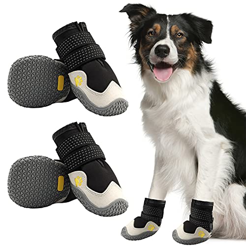 Hundeschuhe, 4 Stück Atmungsaktive Stiefel für Hunde mit reflektierenden Riemen, Mikrofaser Leder Gummi Rhombische Sohle Hundepfotenschutz (B, 2#) von AQH