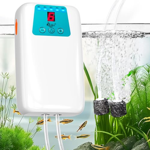 AQQA Aquarium Luftpumpe, 525L/h Sauerstoffpumpe Batterie mit Doppelauslass, 6-Stufig Einstellbarer Luftstrom, USB Tragbare Sauerstoffpumpe Aquarium für Outdoor-Fischen von AQQA