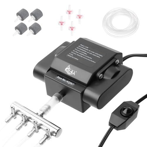 AQQA Aquarium Luftpumpe,Leistungsstarker 4 Ausgänge Aquarium Sauerstoffpumpe,15W Regelbare Sauerstoffpumpe für Aquarium,Leise Aquarium Belüfterpumpemit komplett Zubehör,bis zu 3800L von AQQA