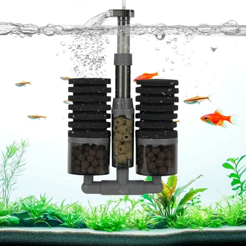 AQQA Aquarium Schwammfilter, Doppelter Schwamm Aquarium Filter, 360° Einstellbarer Auslass, Mehrstufige Filtration Leiser Sponge Filter für Biologische und Mechanische Filterung von AQQA
