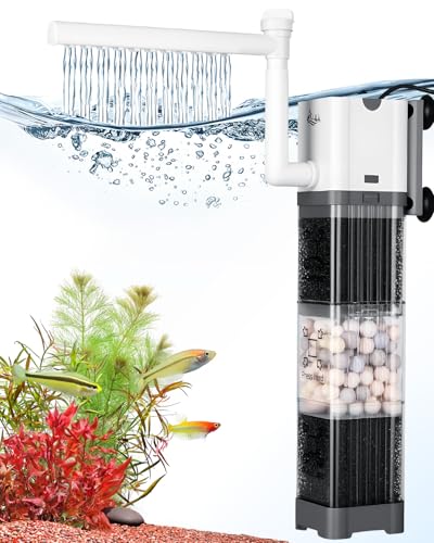 AQQA Aquariumfilter, Aquariumfilter mit Regenduschrohr-Design, verstellbarer Wasserfluss, ultra-leise, biochemische Quarzkugeln und physikalischer Schwamm, Doppelfiltration für Aquarien, 8 W-200 GPH von AQQA