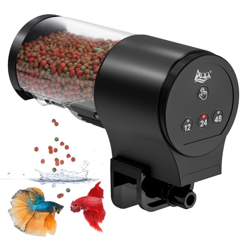 AQQA Futterautomat für Aquarium,Automatischer 110ml Großer Fassungskraft Fischfutterspender mit 12H/24H/48H Timer,Manuell/Auto Fütterungsmodi, Batteriebetriebenes Fischfutterautomat für Ferien von AQQA