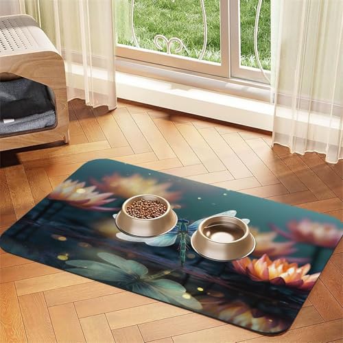 Futternapfmatte für Hunde und Wassernapf, rutschfest, saugfähig, Katzen-Futterstation, Libelle mit Seerose, Haustierfuttermatte für Böden, keine Flecken, für Hunde und Katzen, 40 x 60 cm Futternapfmatte für Hunde und Wassernapf, rutschfest, saugfähig, Katzen-Futterstation, Libelle mit Seerose, Haustierfuttermatte für Böden, keine Flecken, für Hunde und Katzen, 40 x 60 cm von AQRJKHD