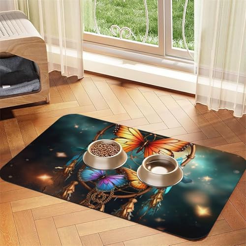 Futternapfmatte für Hunde und Wassernapf, rutschfest, saugfähig, Katzen-Futterstation, Traumfänger, Schmetterling, Haustierfuttermatte für Böden, keine Flecken, Wassernapf-Matte, 40 x 60 cm Futternapfmatte für Hunde und Wassernapf, rutschfest, saugfähig, Katzen-Futterstation, Traumfänger, Schmetterling, Haustierfuttermatte für Böden, keine Flecken, Wassernapf-Matte, 40 x 60 cm von AQRJKHD