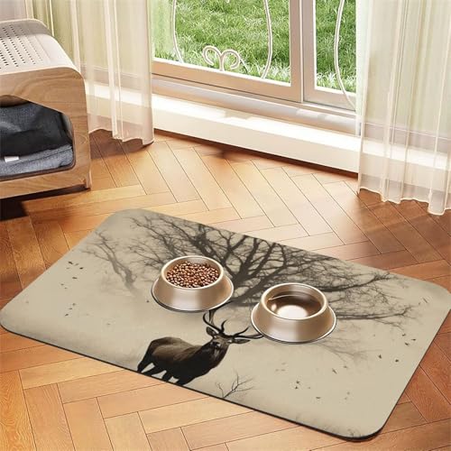 Futternapfmatte für Hunde und Wassernapf, rutschfest, saugfähig, Katzen-Futterstation, abstraktes Baum, Elch, Bild, Haustierfuttermatte für Böden, keine Flecken, Wassernapf-Matte, 40 x 60 cm von AQRJKHD