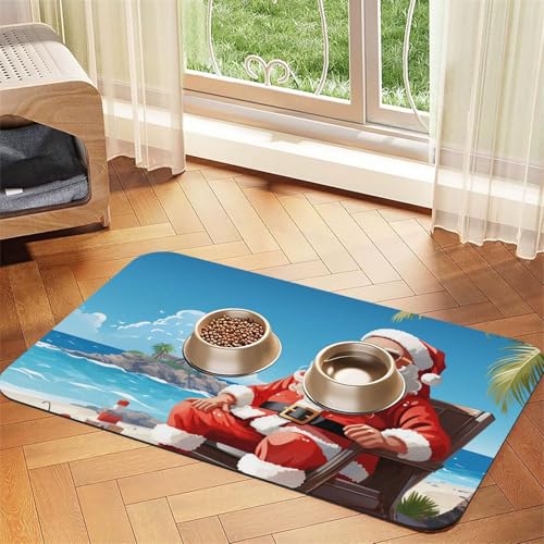 Futternapfmatte für Hunde und Wassernapf, rutschfest, saugfähig, für Katzen, Weihnachtsmann am Strand, Haustierfuttermatte für Böden, keine Flecken, Wassernapf-Matte, 30 x 45 cm Futternapfmatte für Hunde und Wassernapf, rutschfest, saugfähig, für Katzen, Weihnachtsmann am Strand, Haustierfuttermatte für Böden, keine Flecken, Wassernapf-Matte, 30 x 45 cm von AQRJKHD