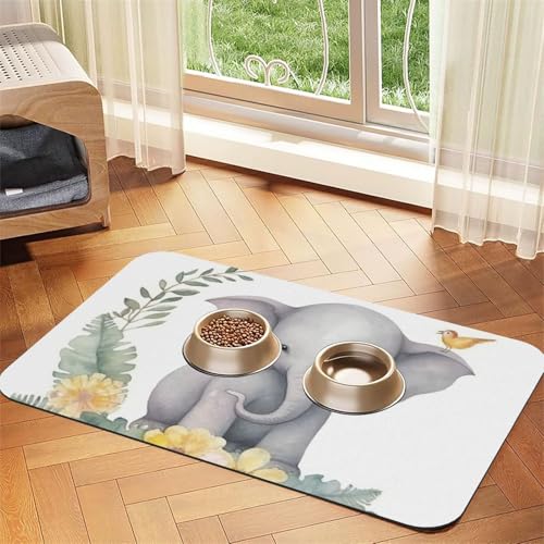 Futternapfmatte für Hunde und Wassernapf, rutschfest, saugfähig, niedlicher Elefant mit Kranz und kleiner Ente, Haustierfuttermatte für Böden, keine Flecken, Wassernapf-Matte, 30 x 45 cm Futternapfmatte für Hunde und Wassernapf, rutschfest, saugfähig, niedlicher Elefant mit Kranz und kleiner Ente, Haustierfuttermatte für Böden, keine Flecken, Wassernapf-Matte, 30 x 45 cm von AQRJKHD