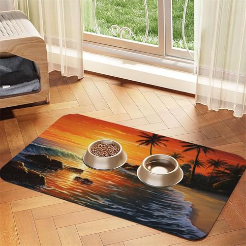 Futternapfmatte für Hundenäpfe und Wassernapf, rutschfest, saugfähig, Katzen-Futterstation, Palme, Sonnenlandschaft, Haustierfuttermatte für Böden, keine Flecken, Wassernapf-Matte, 40 x 60 cm Futternapfmatte für Hundenäpfe und Wassernapf, rutschfest, saugfähig, Katzen-Futterstation, Palme, Sonnenlandschaft, Haustierfuttermatte für Böden, keine Flecken, Wassernapf-Matte, 40 x 60 cm von AQRJKHD