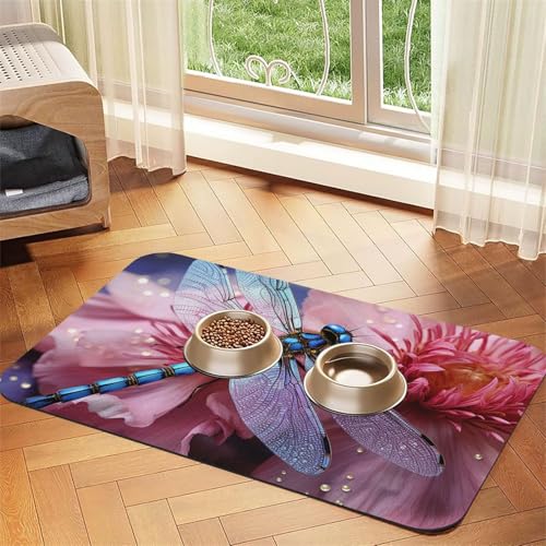 Futternapfmatte für Hundenäpfe und Wassernapf, rutschfest, saugfähig, Katzen-Futterstation, rosa Blume und blaue Libellen, Haustierfuttermatte für Böden, keine Flecken, Wassernapf-Matte, 40 x 60 cm Futternapfmatte für Hundenäpfe und Wassernapf, rutschfest, saugfähig, Katzen-Futterstation, rosa Blume und blaue Libellen, Haustierfuttermatte für Böden, keine Flecken, Wassernapf-Matte, 40 x 60 cm von AQRJKHD