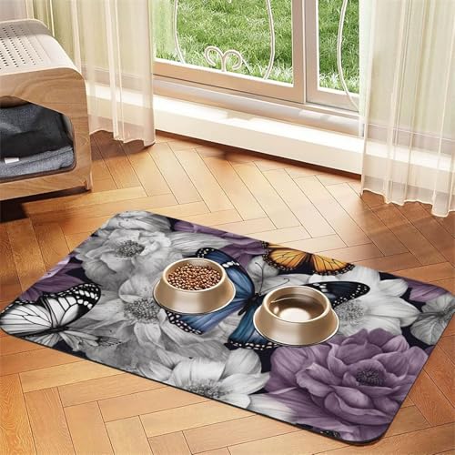 Futternapfmatte für Hundenäpfe und Wassernapf, rutschfest, saugfähig, Katzen-Futterstation, violette Schmetterlinge, Blumenmuster, Haustierfuttermatte für Böden, keine Flecken, für Hunde und Katzen Futternapfmatte für Hundenäpfe und Wassernapf, rutschfest, saugfähig, Katzen-Futterstation, violette Schmetterlinge, Blumenmuster, Haustierfuttermatte für Böden, keine Flecken, für Hunde und Katzen von AQRJKHD