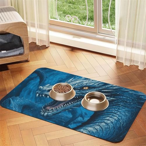 Futternapfmatte für Hundenäpfe und Wassernapf, rutschfest, saugfähig, Katzenfutterunterlage, Drache, kühles Blau, Haustierfuttermatte für Böden, keine Flecken, Wassernapf-Matte, 40 x 60 cm Futternapfmatte für Hundenäpfe und Wassernapf, rutschfest, saugfähig, Katzenfutterunterlage, Drache, kühles Blau, Haustierfuttermatte für Böden, keine Flecken, Wassernapf-Matte, 40 x 60 cm von AQRJKHD