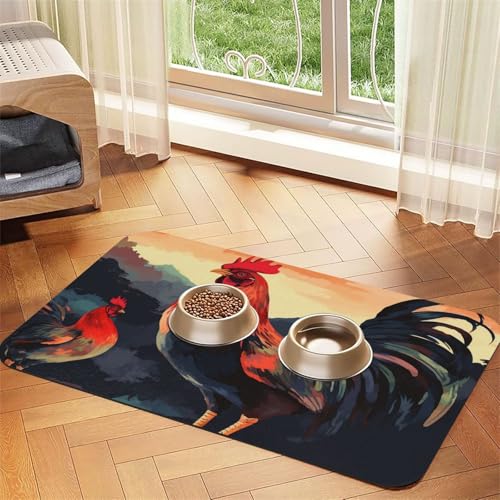 Futternapfmatte für Hundenäpfe und Wassernapf, rutschfest, saugfähig, Katzenfutterunterlage, Hahn, schöne Kunst, Haustierfuttermatte für Böden, keine Flecken, für Hunde und Katzen, Wassernapf-Matte Futternapfmatte für Hundenäpfe und Wassernapf, rutschfest, saugfähig, Katzenfutterunterlage, Hahn, schöne Kunst, Haustierfuttermatte für Böden, keine Flecken, für Hunde und Katzen, Wassernapf-Matte von AQRJKHD