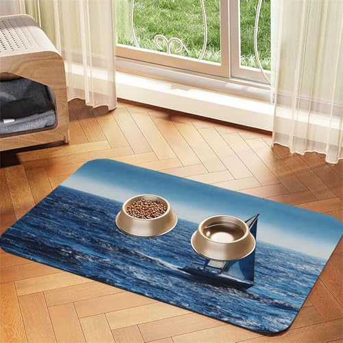 Futternapfmatte für Hundenäpfe und Wassernapf, rutschfest, saugfähig, Katzenfutterunterlage, blaues Segelboot, Haustierfuttermatte für Böden, keine Flecken, für Hunde und Katzen, Wassernapfmatte, 40 x von AQRJKHD