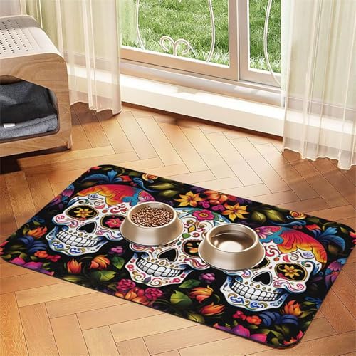 Futternapfmatte für Hundenäpfe und Wassernapf, rutschfest, saugfähig, Katzenfutterunterlage, bunte Blumenschädel, Haustierfuttermatte für Böden, keine Flecken, Wassernapfmatte, 40 x 60 cm Futternapfmatte für Hundenäpfe und Wassernapf, rutschfest, saugfähig, Katzenfutterunterlage, bunte Blumenschädel, Haustierfuttermatte für Böden, keine Flecken, Wassernapfmatte, 40 x 60 cm von AQRJKHD
