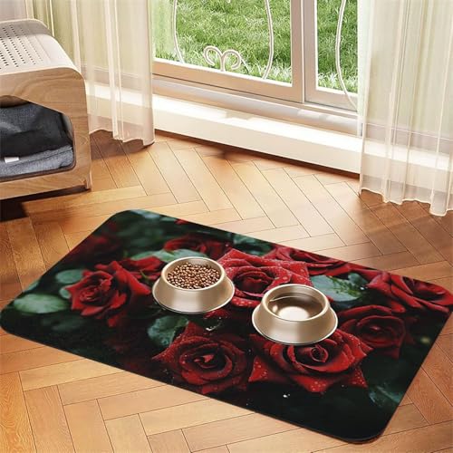 Futternapfmatte für Hundenäpfe und Wassernapf, rutschfest, saugfähig, Katzenfutterunterlage, rote und schwarze Rose, Haustierfuttermatte für Böden, keine Flecken, Wassernapfmatte, 40 x 60 cm Futternapfmatte für Hundenäpfe und Wassernapf, rutschfest, saugfähig, Katzenfutterunterlage, rote und schwarze Rose, Haustierfuttermatte für Böden, keine Flecken, Wassernapfmatte, 40 x 60 cm von AQRJKHD