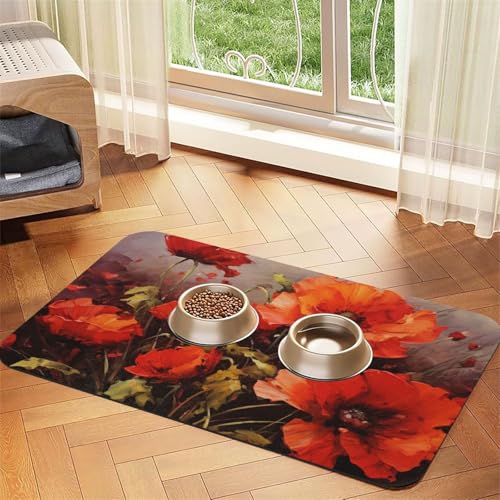 Futternapfmatte für Hundenäpfe und Wassernapf, rutschfest, saugfähig, für Katzen, Ölgemälde, rote Blume, Haustierfuttermatte für Böden, keine Flecken, Wassernapf-Matte, 40 x 60 cm Futternapfmatte für Hundenäpfe und Wassernapf, rutschfest, saugfähig, für Katzen, Ölgemälde, rote Blume, Haustierfuttermatte für Böden, keine Flecken, Wassernapf-Matte, 40 x 60 cm von AQRJKHD
