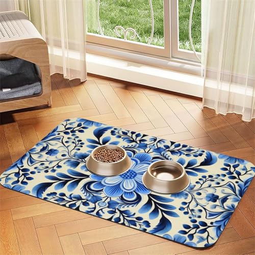 Futternapfmatte für Hundenäpfe und Wassernapf, rutschfest, saugfähig, für Katzen, blau, Volkskunst, Haustierfuttermatte für Böden, keine Flecken, Wassernapf-Matte, 40 x 60 cm Futternapfmatte für Hundenäpfe und Wassernapf, rutschfest, saugfähig, für Katzen, blau, Volkskunst, Haustierfuttermatte für Böden, keine Flecken, Wassernapf-Matte, 40 x 60 cm von AQRJKHD