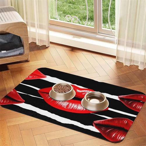 Futternapfmatte für Hundenäpfe und Wassernapf, rutschfest, saugfähig, für Katzen, rote Lippen, Küsse, Haustierfuttermatte für Böden, keine Flecken, Wassernapf-Matte, 30 x 45 cm von AQRJKHD