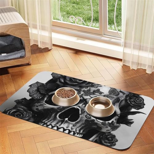 Futternapfmatte für Hundenäpfe und Wassernapf, rutschfest, saugfähig, für Katzen, schwarze Totenkopf-Rose, Haustierfuttermatte für Böden, keine Flecken, Wassernapf-Matte, 30 x 45 cm Futternapfmatte für Hundenäpfe und Wassernapf, rutschfest, saugfähig, für Katzen, schwarze Totenkopf-Rose, Haustierfuttermatte für Böden, keine Flecken, Wassernapf-Matte, 30 x 45 cm von AQRJKHD