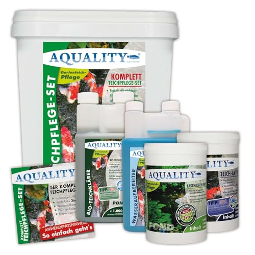 AQUALITY 5er Teichpflege Komplettset (Perfekte Gartenteich-Pflege. Wasseraufbereiter, Teichklärer, Teich-Aktiv und Fadenalgen-Vernichter + GRATIS Anwender-Fibel), Set-Größe:Base Teichpflege-Set von AQUALITY Aquaristik & Gartenteich