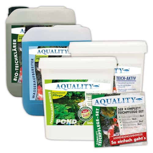 AQUALITY 5er Teichpflege Komplettset (Perfekte Gartenteich-Pflege. Wasseraufbereiter, Teichklärer, Teich-Aktiv und Fadenalgen-Vernichter + GRATIS Anwender-Fibel), Set-Größe:XXL Teichpflege-Set von AQUALITY Aquaristik & Gartenteich