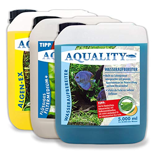 AQUALITY Aquarium 3er Starter- & Pflege-Sparset (Algenvernichter, Wasseraufbereiter, Filtermedium - Perfekter Start mit Allen wichtigen Produkten), Set-Größe:Set 5000 von AQUALITY Aquaristik & Gartenteich