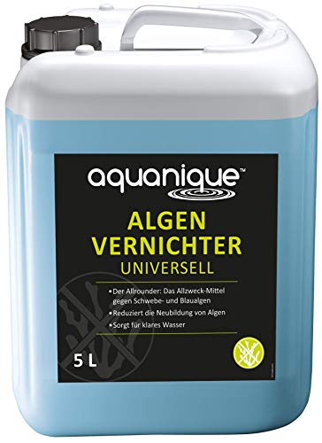 AQUANIQUE Algenvernichter Universell 5 l (für 100.000 l) - effektive Teichpflege gegen Algen, Blaualgen, Schwebealgen/sorgt zuverlässig für klares Teichwasser und verhindert die Neubildung von Algen von AQUANIQUE