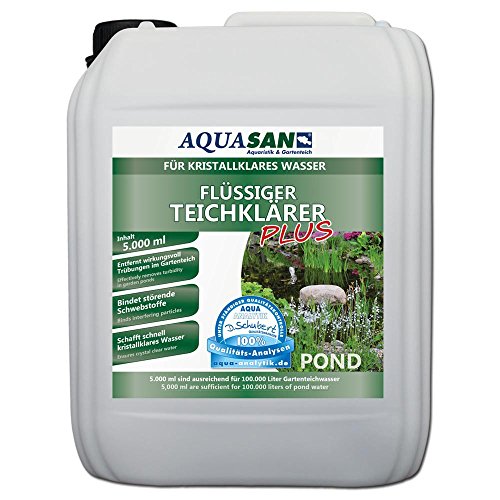 AQUASAN Gartenteich Flüssiger TeichKlärer Plus (Sorgt schnell für kristallklares Wasser im Teich, bindet die Schwebstoffe im Teich-Wasser - Teichklar), Inhalt:5 Liter von AQUASAN Aquaristik & Gartenteich