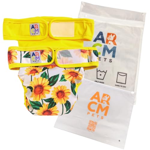 ARCM Haustierwindeln ohne Schwanzloch, waschbar, für Hündinnen und Babys, Ziegenwindeln, ultra saugfähig, hochwertige Hundewindeln und verstellbare Taillenwindeln für kleine Hunde (Sonnenblume) von AR CM Pets