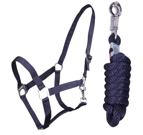 ARBO-INOX Halfter-Set Beginner II Halfter + Führstrick mit Panikhaken verstellbar (Pony, Blau) von ARBO-INOX