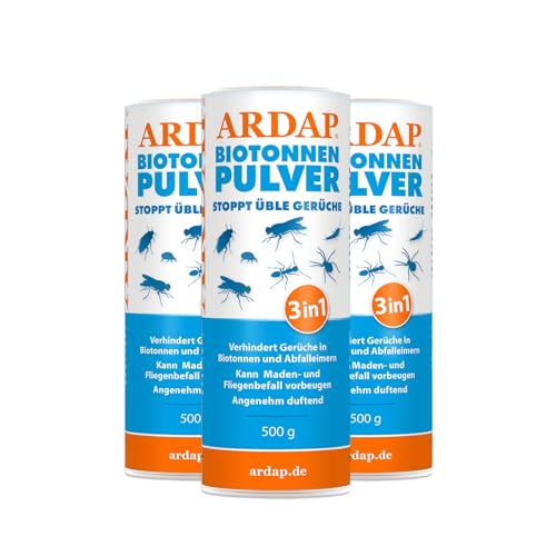 ARDAP Biotonnenpulver 3 x 500g - Anti Maden Biotonne - Mülltonnen Pulver - Gegen Fliegen, Maden, Ungeziefer & üble Gerüche - Für ca. 600l Bio Abfall - Stoppt üble Gerüche, biologisch abbaubar von ARDAP