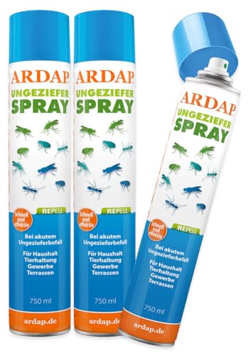 ARDAP Repell Ungezieferspray 3x750ml - Insektenspray bei akutem Ungezieferbefall - Abwehrend bei Insektenbefall - Insektenspray Wohnung - Mückenspray - Schädlingsfrei - Wirkt schnell & effektiv (PT19) von ARDAP